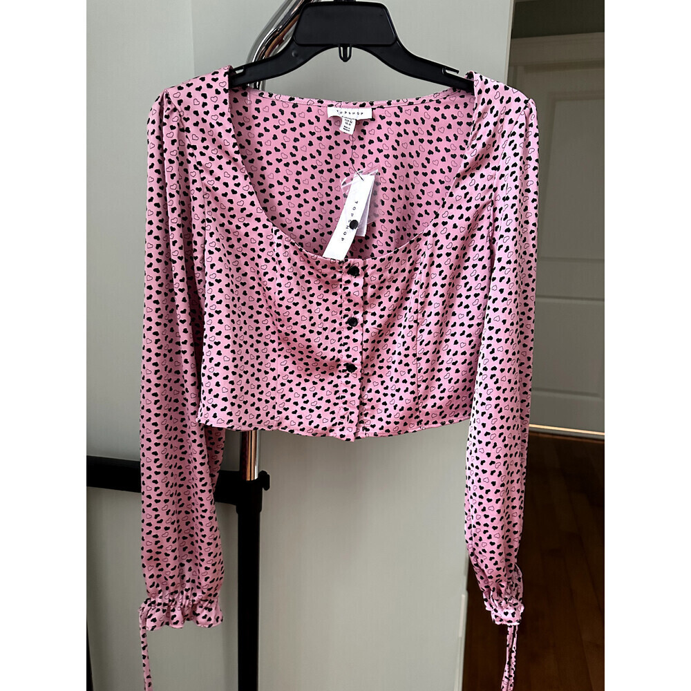 Topshop Women's Cropped Satin Blouse In Pink Heart Print Size 10 US NWT